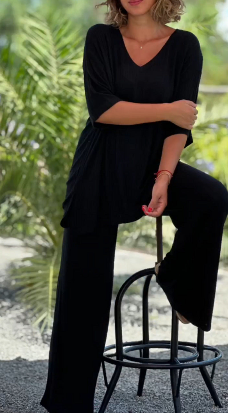 Damen nan zweiteiliges Reise- und Loungewear-Set aus weichem Rippjersey mit Longline-Tunika und Palazzohose Echo Archiv