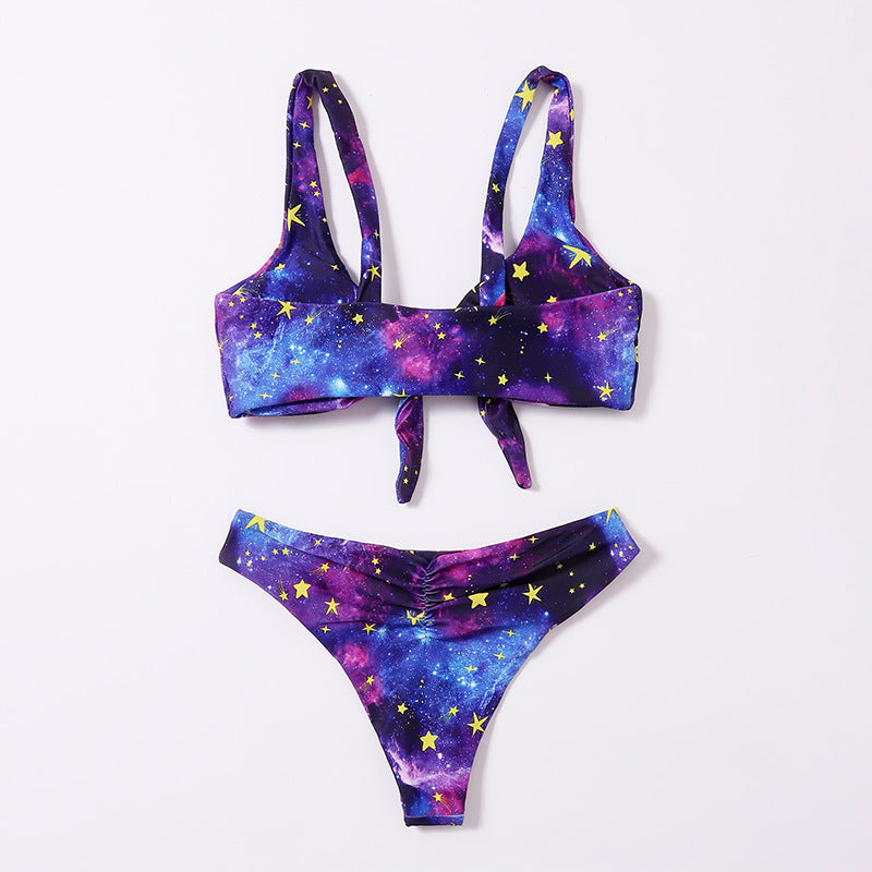 Damen Triangel-Bikini mit buntem Galaxienmuster und verspieltem Knoten Echo Archiv