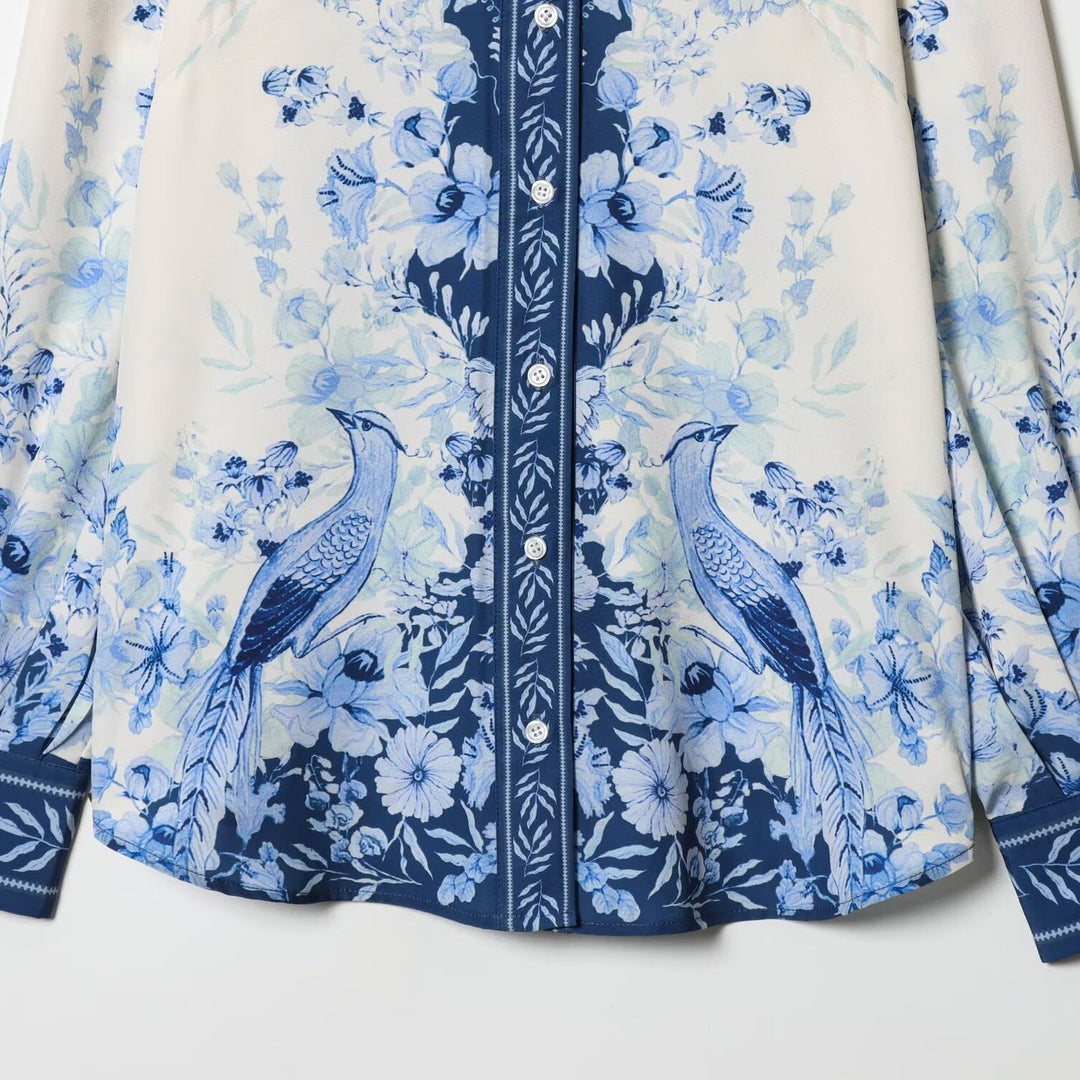 Damen Geblümte Oversize‑Seidenoptik‑Bluse mit Borderprint Echoarchiv
