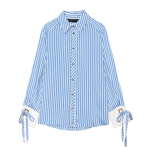 Damen Gestreifte Oversize‑Bluse mit langen Ärmeln, Schmuckmanschetten und Bindebändern Echoarchiv