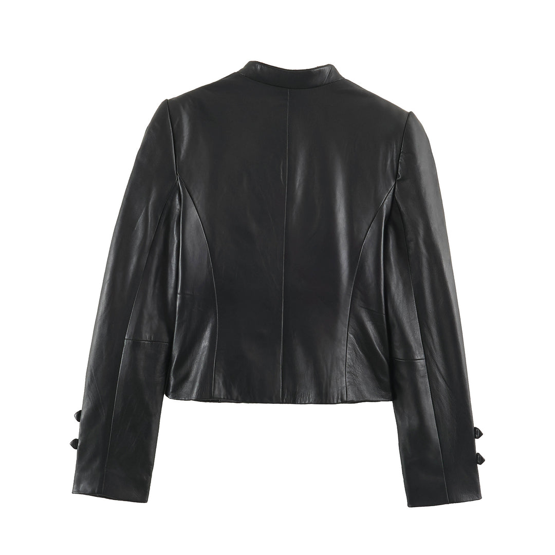 Damen Cropped-Lederoptik-Jacke im militärisch inspirierten Design mit Stehkragen und Zierdöbeln Echo Archiv