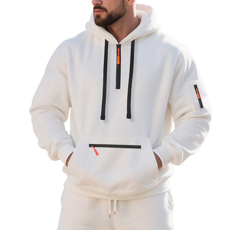 Herren Oversize-Kapuzenpullover mit halbem Reißverschluss, Kängurutasche mit Reißverschluss und Ärmel-Pocket Echoarchiv