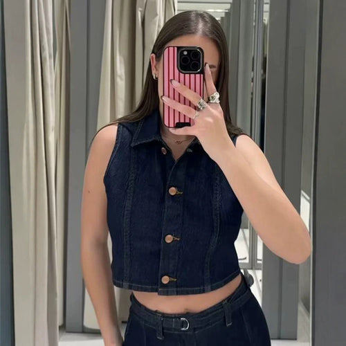 Damen Kurz geschnittene Jeansweste mit taillierter Paneelierung und Metallknopfleiste Echoarchiv