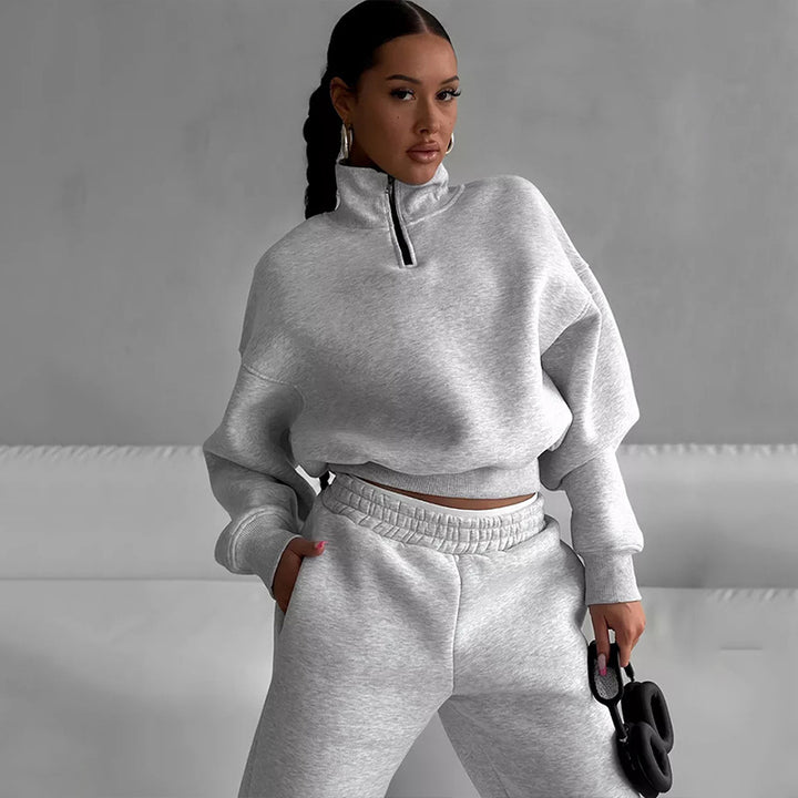 Damen Zweiteiliges Cropped-Halbzip-Sweatset mit Stehkragen und elastischer High-Waist-Jogginghose – Avérine