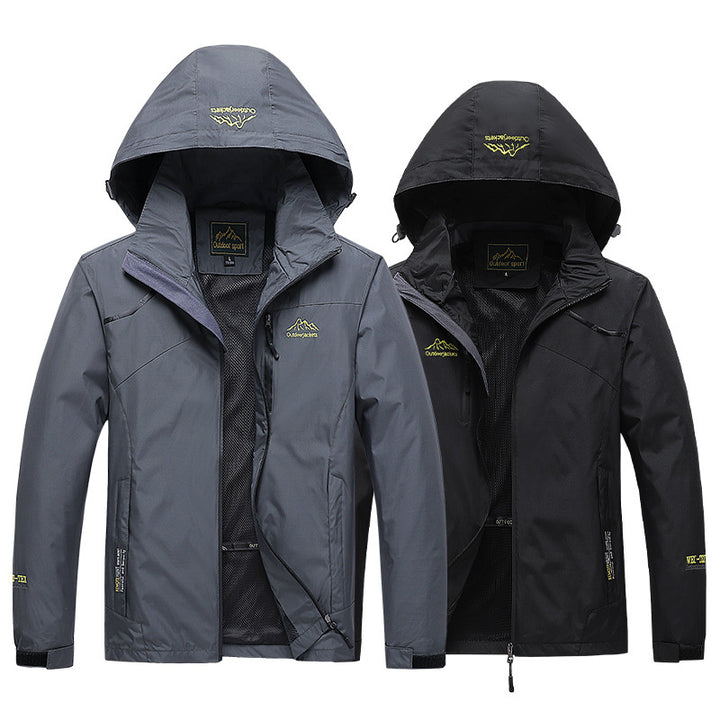 Herren atmungsaktive Softshell Trekkingjacke mit verstaubarem Kapuze, Mesh-Futter und multifunktionalen Reißverschlusstaschen – Taviero