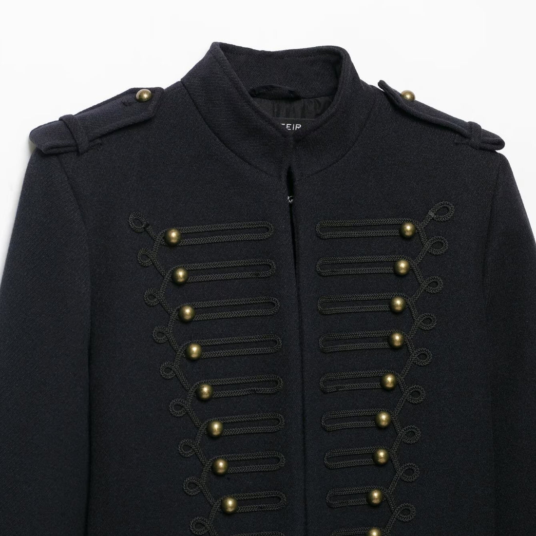 Damen Schmale Militär-inspirierte Kurzjacke mit Kordelverzierung und Messingknöpfen Echoarchiv