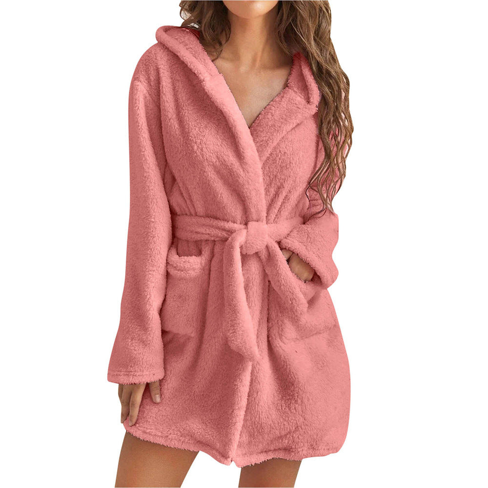 Damen Kuscheliger Fleece-Bademantel mit Kapuze und Gürtel Echoarchiv