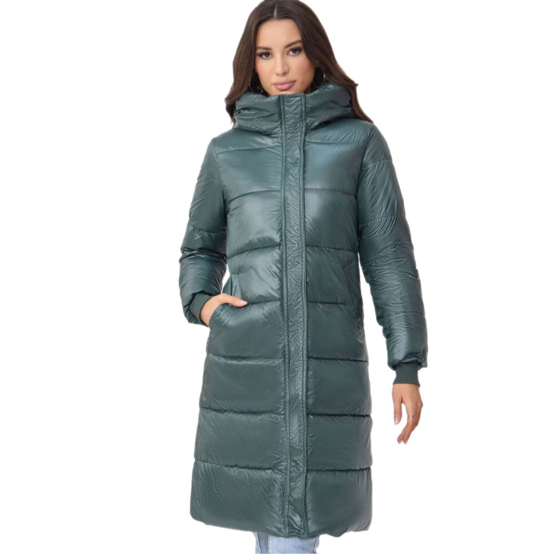 Damen Langer Puffer‑Mantel mit hohem Stehkragen, wattierter Steppung und elastischen Bündchen Echoarchiv