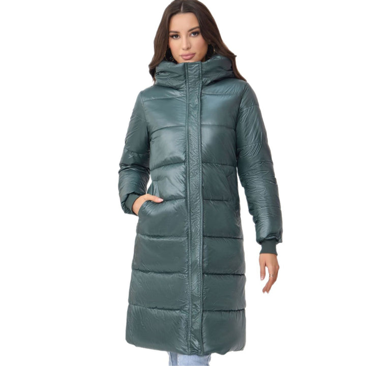 Damen Langer Puffer‑Mantel mit hohem Stehkragen, wattierter Steppung und elastischen Bündchen Echoarchiv