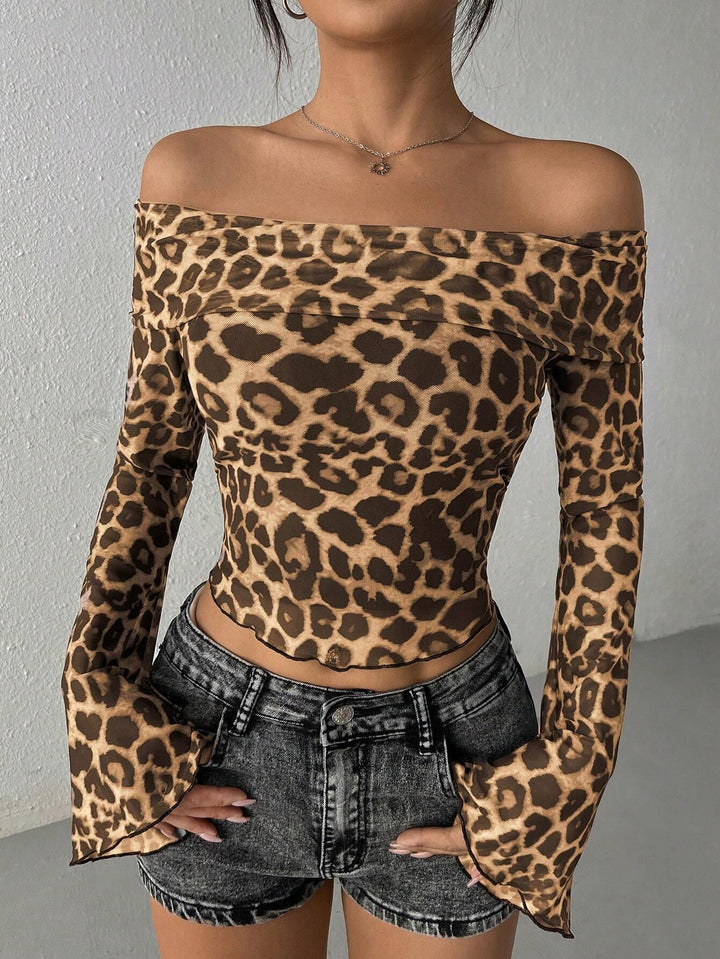 Damen nan tailliertes schulterfreies Netz-Crop-Top mit Leopardenmuster und ausgestellten Ärmeln Echo Archiv