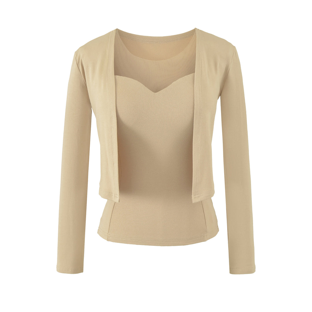 Damen Zweiteiliges Feinstrick-Top-Set mit Mesh-Einsatz und offenem Cardigan Echoarchiv
