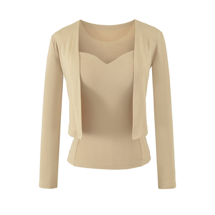 Damen Zweiteiliges Feinstrick-Top-Set mit Mesh-Einsatz und offenem Cardigan Echoarchiv