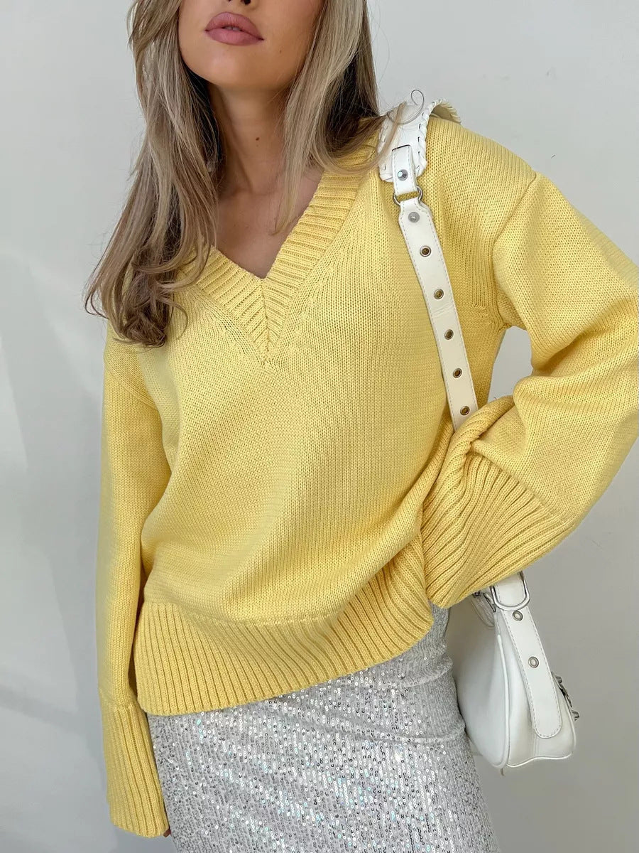 Damen oversized V-Ausschnitt Strickpullover mit breiten Rippbündchen und leichtem Fall – Mavelle