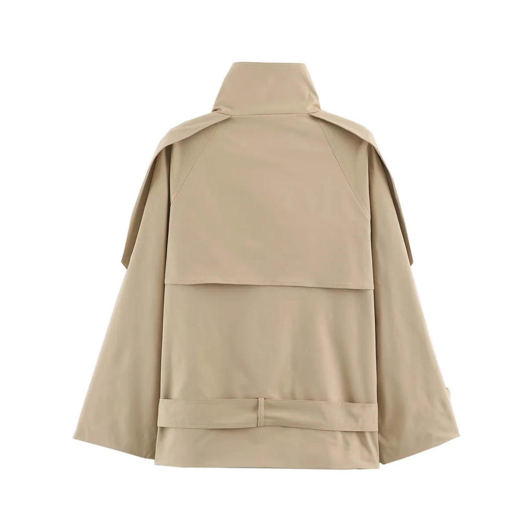 Damen kurze doppelt geknöpfte Cape‑Trench mit Stehkragen und Taillengürtel – Célinea