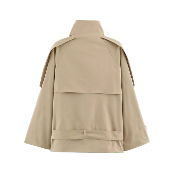 Damen kurze doppelt geknöpfte Cape‑Trench mit Stehkragen und Taillengürtel – Célinea