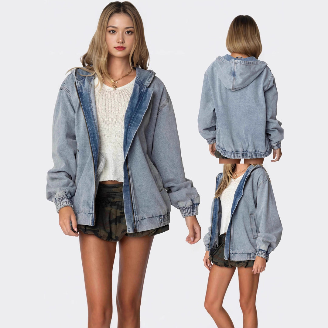Damen Oversized Denimjacke mit Kapuze und elastischen Bündchen Echo Archiv