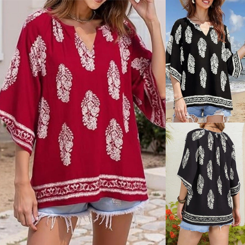 Damen Lockeres Strand-Tunika-Oberteil mit V‑Ausschnitt und Boho‑Print – Orélia