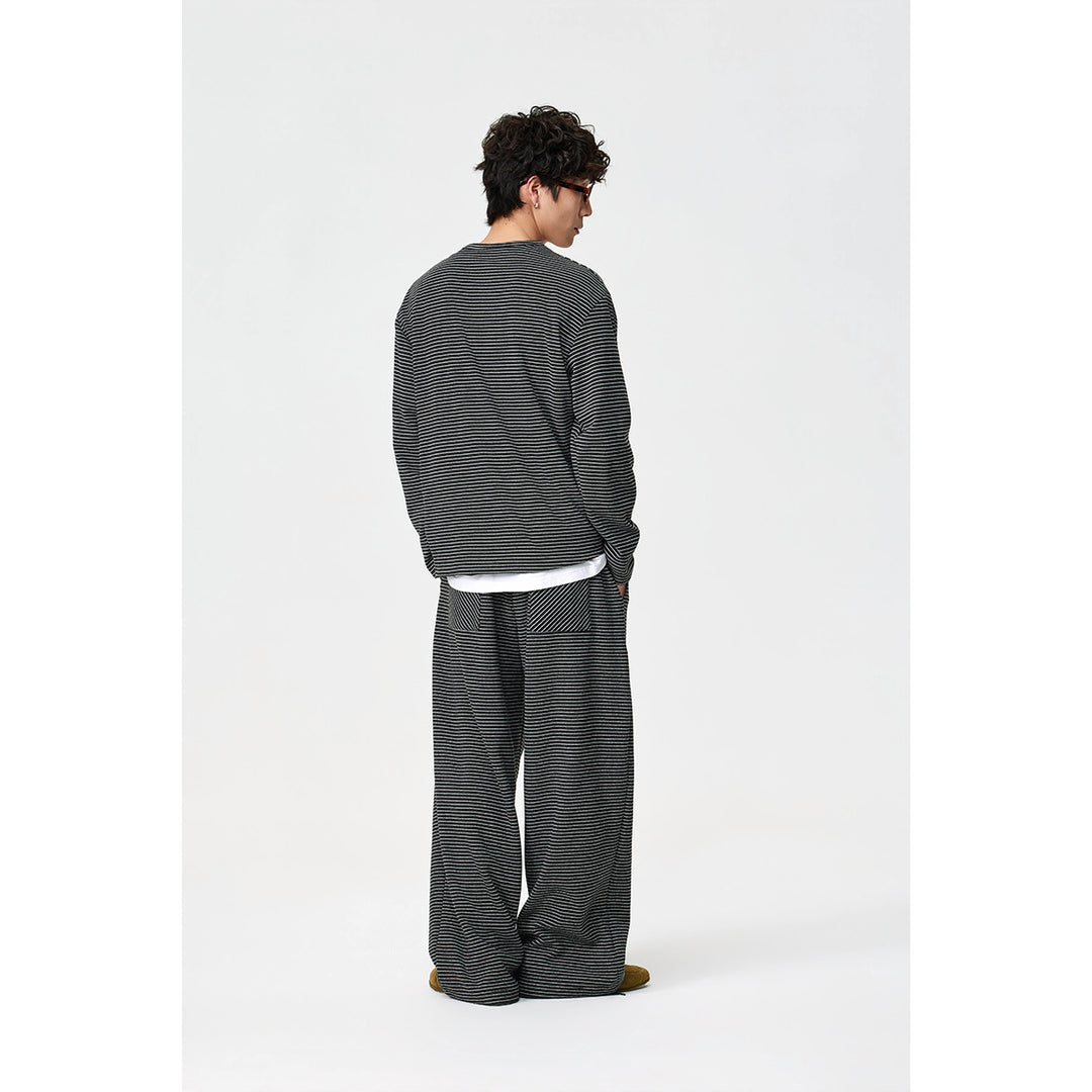 Unisex Gestreiftes Henley-Langarmshirt im Oversize-Relaxed-Schnitt mit Knopfleiste Echoarchiv