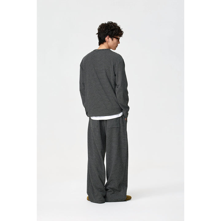 Unisex Gestreiftes Henley-Langarmshirt im Oversize-Relaxed-Schnitt mit Knopfleiste Echoarchiv