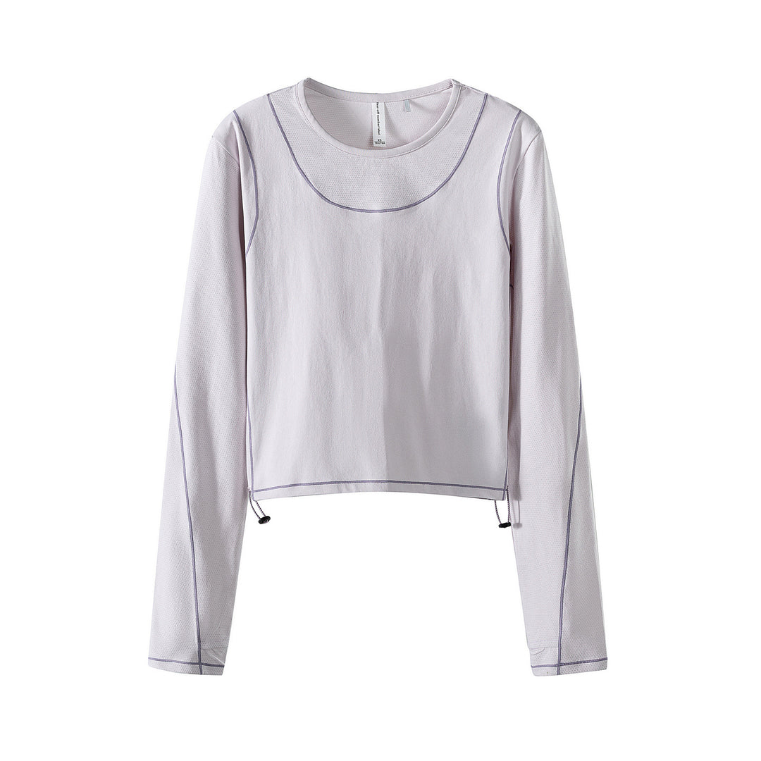 Damen Leichtes cropped Layering-Longsleeve mit Mesh-Ärmeln, Kontrastnähten und Kordelzug Echoarchiv