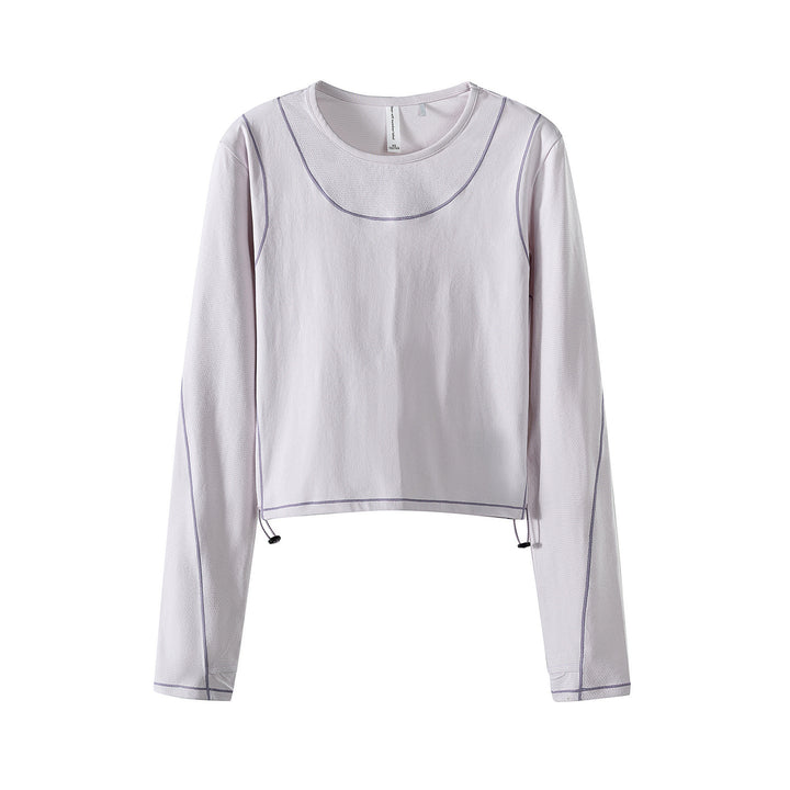 Damen Leichtes cropped Layering-Longsleeve mit Mesh-Ärmeln, Kontrastnähten und Kordelzug Echoarchiv