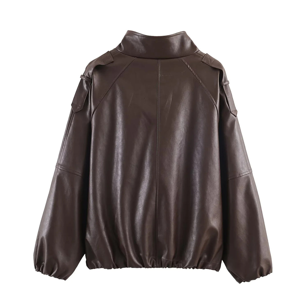 Damen nan oversized Kunstleder-Bomberjacke mit Stehkragen, elastischem Saum und verdeckter Druckknopfleiste Echo Archiv