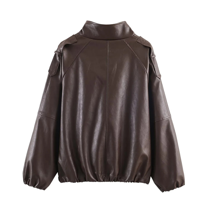 Damen nan oversized Kunstleder-Bomberjacke mit Stehkragen, elastischem Saum und verdeckter Druckknopfleiste Echo Archiv