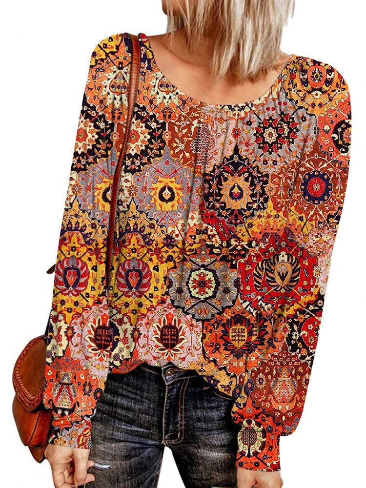 Damen Ethno-Print Oversize-Tunika mit Rundhalsausschnitt und langen Ballonärmeln – Avérine