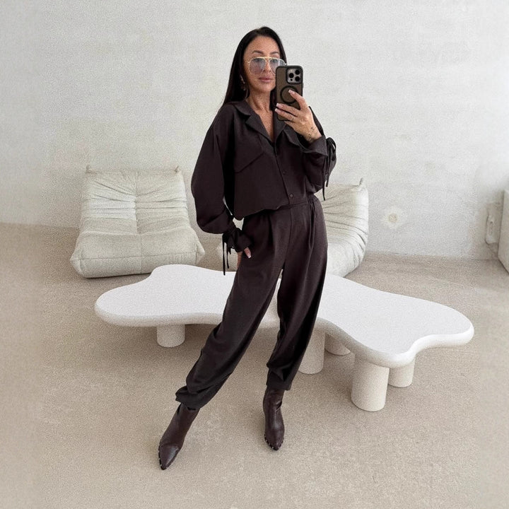 Damen Zweiteiliges Loungewear-Set mit Oversized-Bluse, Pattentaschen, Kordelmanschetten und hochtaillierter Jogpant Echoarchiv