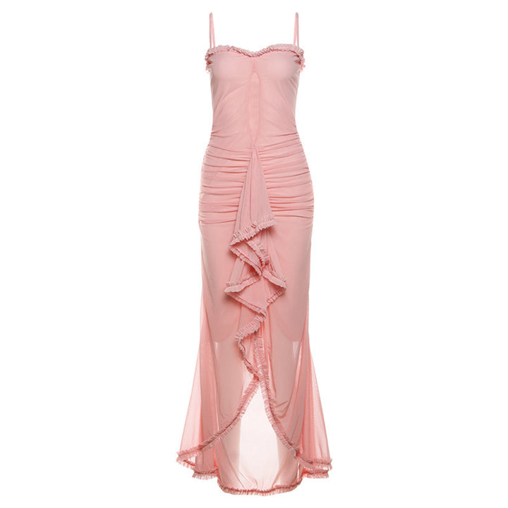 Damen Elegantes Maxikleid mit Rüschendetails und leicht transparentem Stoff Echo Archiv