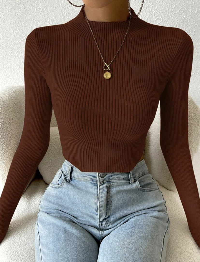 Damen Gerippter Cropped Feinstrickpullover mit Stehkragen – Mavelle