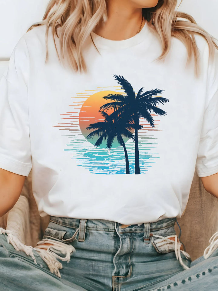 Damen T-Shirt mit kreativem Grafikdruck und luxuriösen Paillettenakzenten Echo Archiv