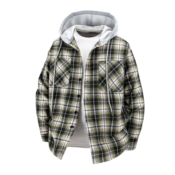 Herren -Layered-Flanell-Overshirt mit angenähter Kapuze und Brusttaschen Echo Archiv