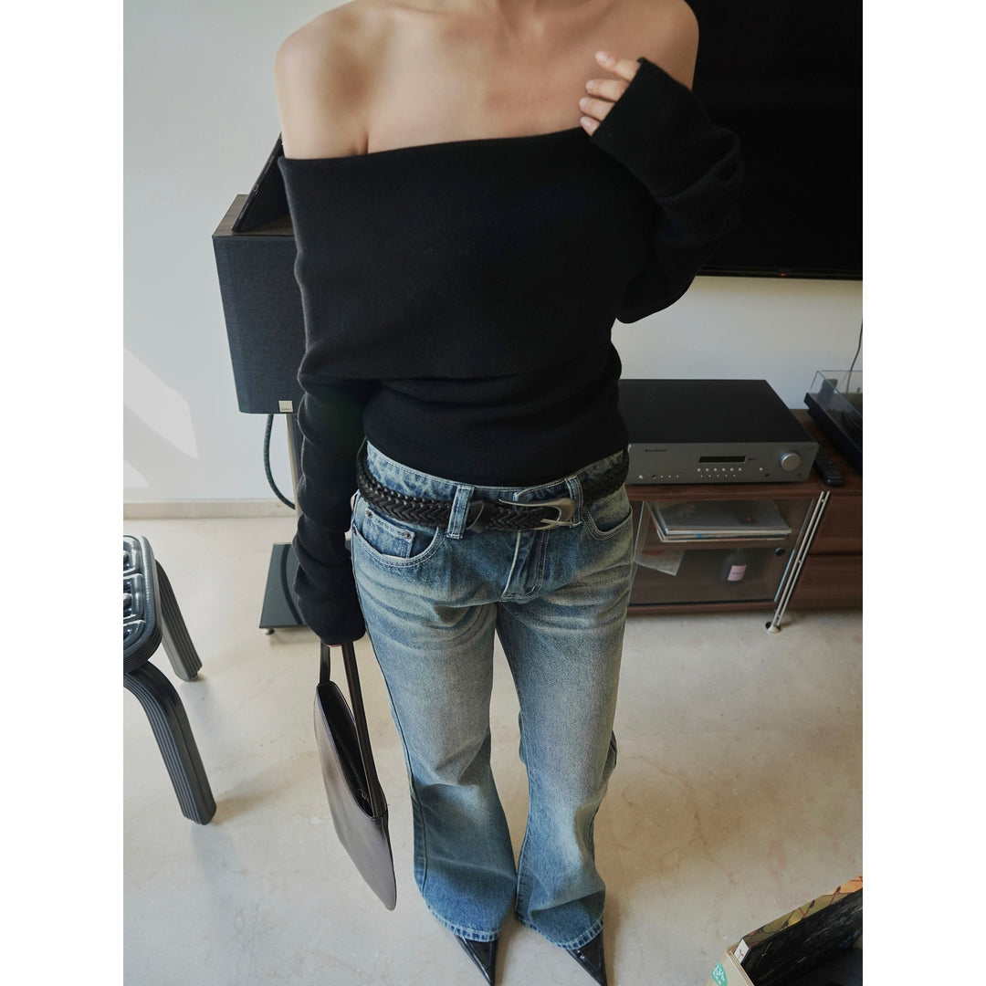 Damen Hochtaillierte Denim-Palazzohose im Vintage-Look mit weitem Bein und leichtem Schlag Echoarchiv