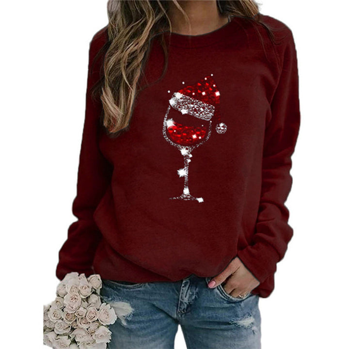 Damen Weihnachts Sweatshirt mit Pailletten Weinglas und Rundhalsausschnitt – Mavelle