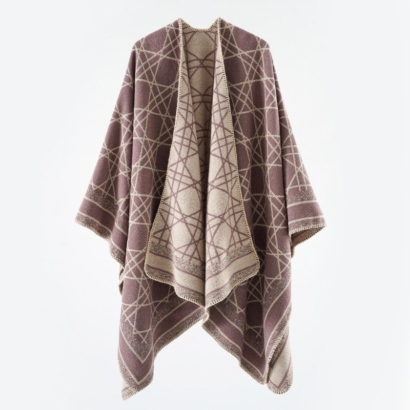 Damen Wendbarer Jacquard-Capeponcho mit geometrischem Allovermuster und offenem Kimono-Fall – Célinea