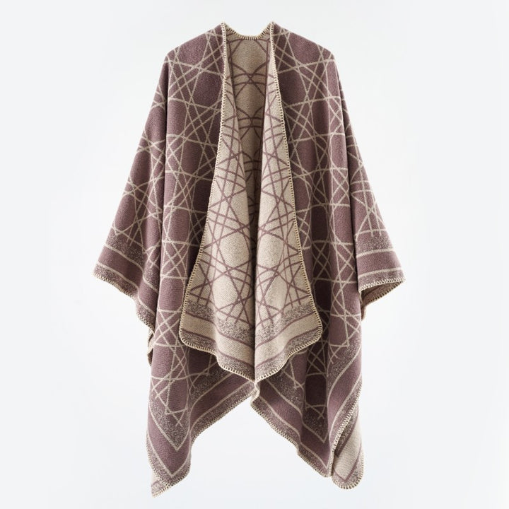 Damen Wendbarer Jacquard-Capeponcho mit geometrischem Allovermuster und offenem Kimono-Fall – Célinea