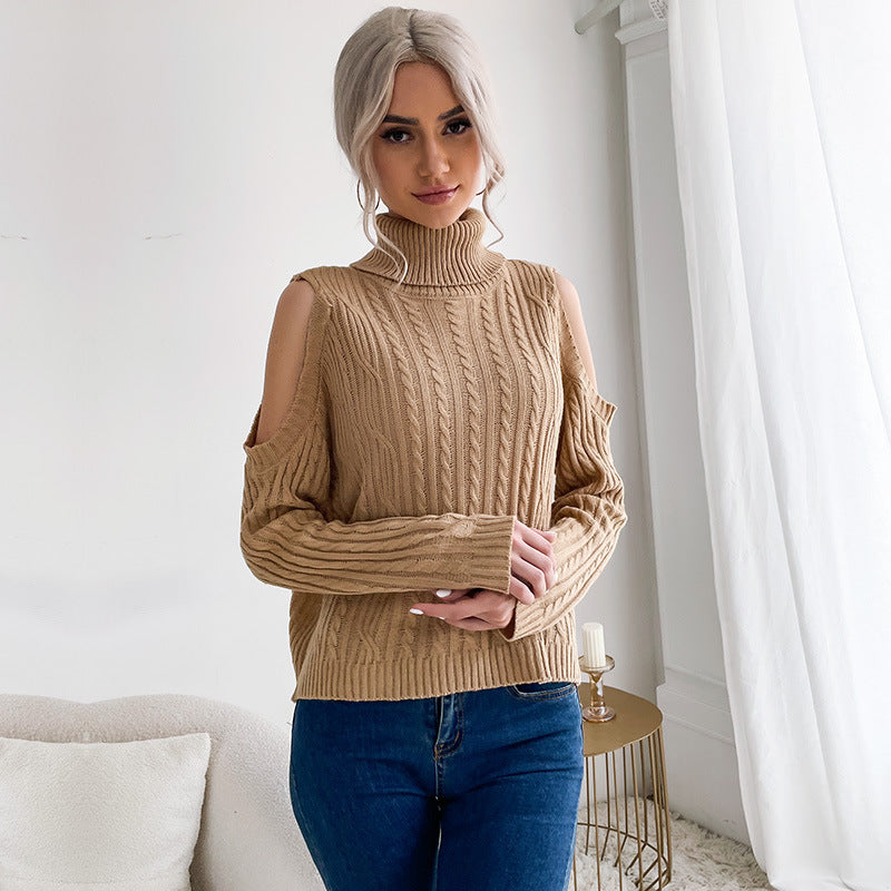 Damen Rollkragenpullover mit Zopfmuster und Schulter-Cutouts – Mavelle