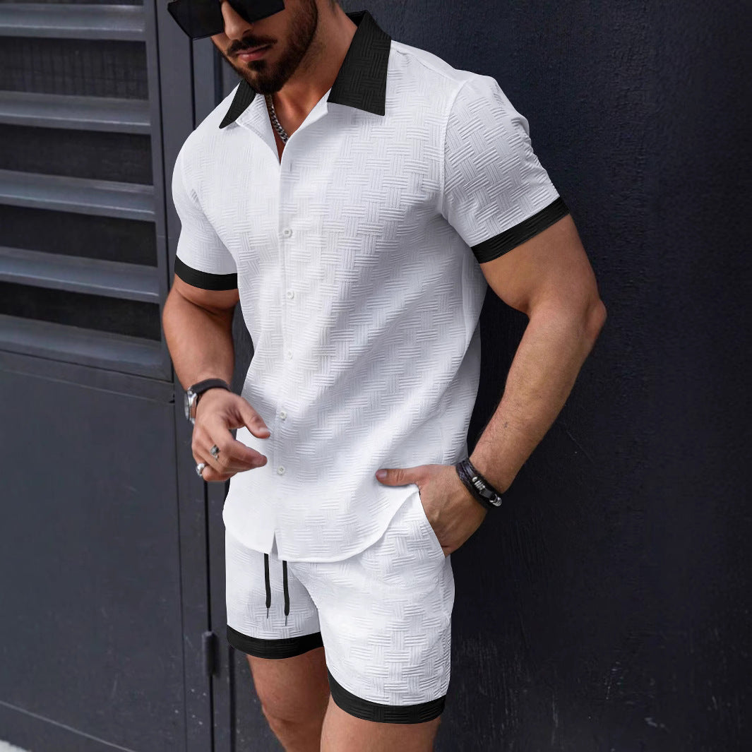 Herren modisches Kurzarm-Hemd mit strukturiertem Design und passenden Shorts Echoarchiv