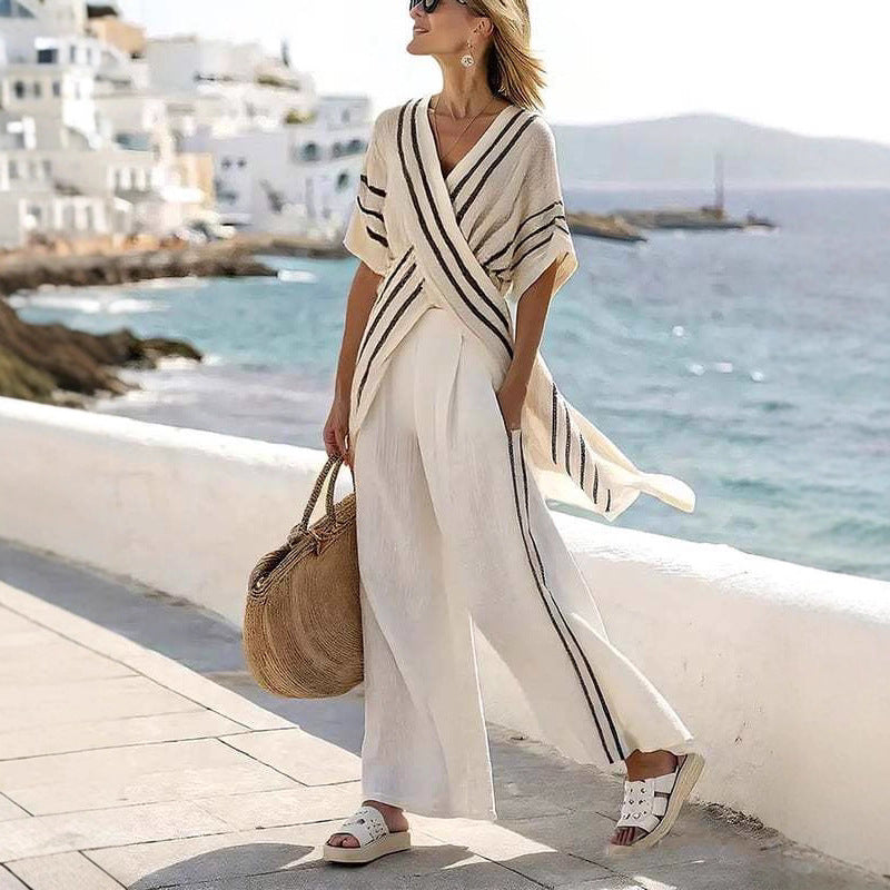 Damen nan resort-inspiriertes Set mit überkreuzter Kimono-Tunika und hochgeschnittener Palazzohose Echo Archiv
