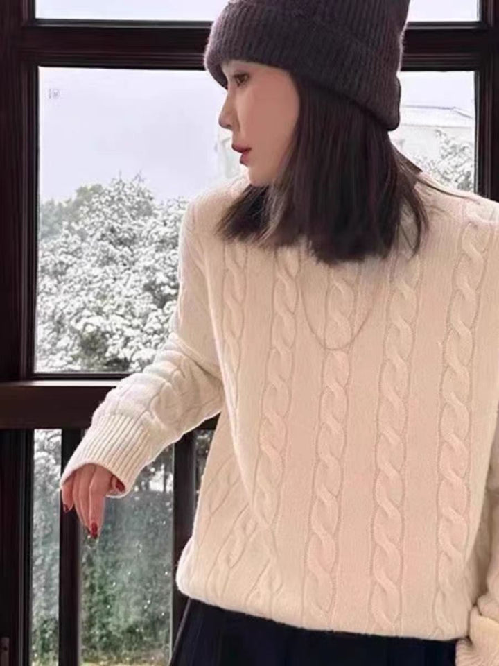 Damen Kastiger Kabelstrick‑Pullover mit Rundhals, extraweichem Wollmix und gerippten Bündchen Echoarchiv