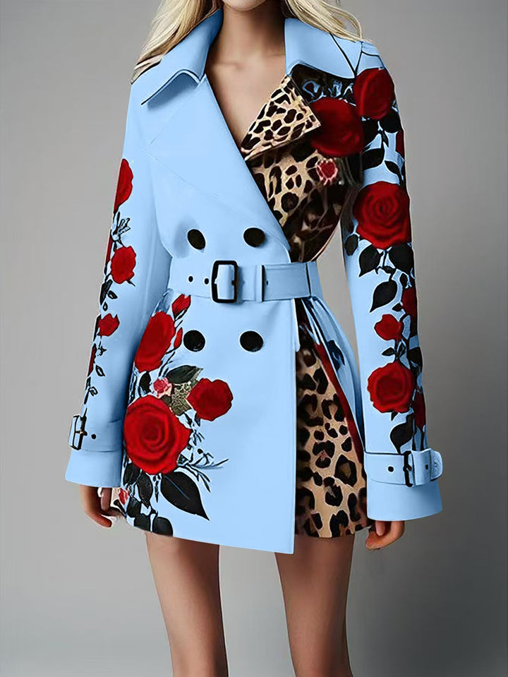 Damen Taillierter Trenchcoat mit Rosenprint und Leoparden-Innenfutter – Montévia
