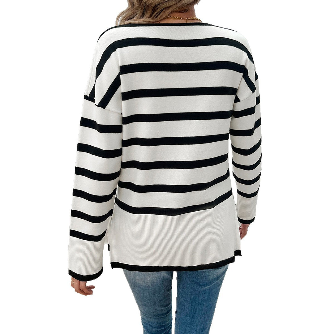 Damen gestreifter V‑Neck Feinstrickpullover mit verlängertem Tunika‑Schnitt und geripptem Saum – Mavelle