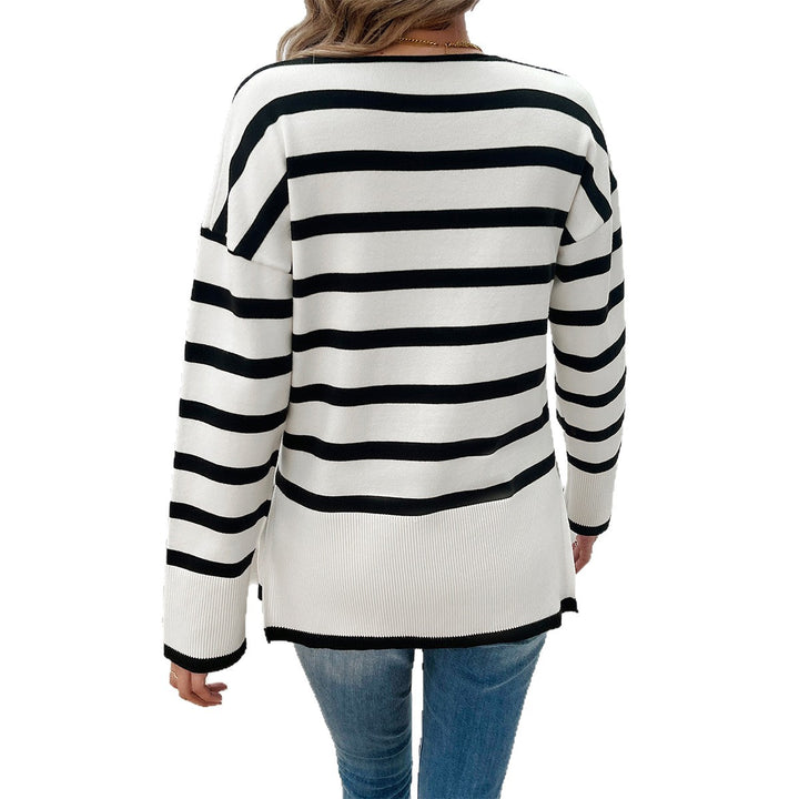 Damen gestreifter V‑Neck Feinstrickpullover mit verlängertem Tunika‑Schnitt und geripptem Saum – Mavelle
