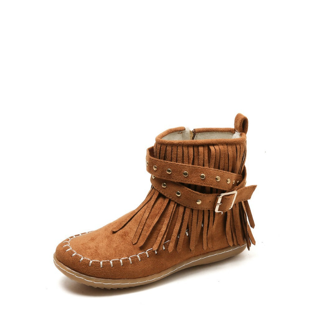 Damen Fransen-Boots im Mokassinstil mit Ziernähten, Schnallenriemen und seitlichem Reißverschluss Echo Archiv