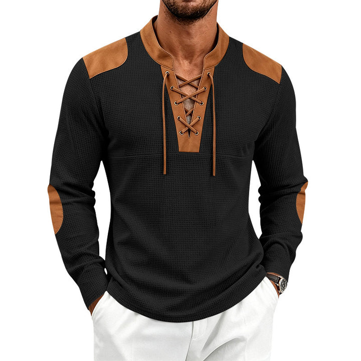 Herren Waffelstruktur-Henley mit Schnürkragen und Kunstleder-Patches – Marzano