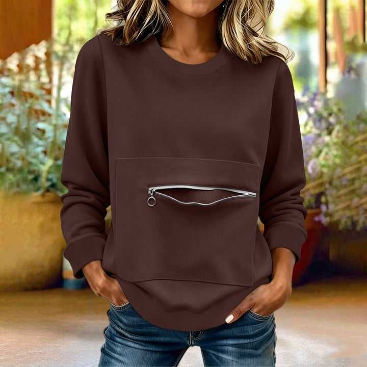 Damen locker geschnittenes Sweatshirt mit Frontreißverschlusstasche und Rundhalsausschnitt – Avérine