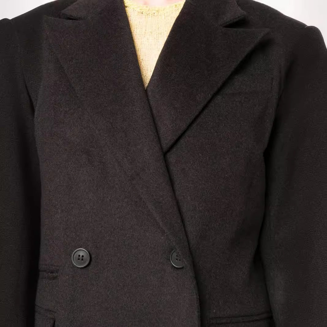 Damen Maxilanger Doppelreihiger Wollmix-Longcoat mit strukturierten Schultern und Pattentaschen Echoarchiv