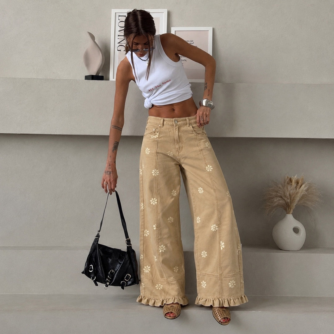 Damen weite Denimhose mit Gänseblümchen-Print, hohem Bund und Rüschenabschluss – Avélisse