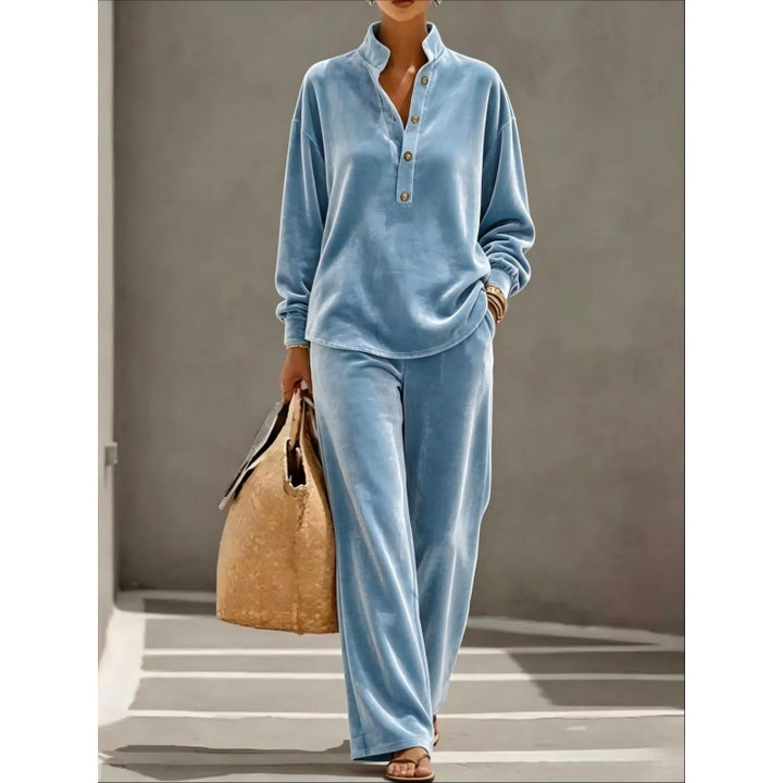 Damen Velours-Loungewear-Set mit Stehkragen-Henleytop und weiter Palazzohose Echoarchiv